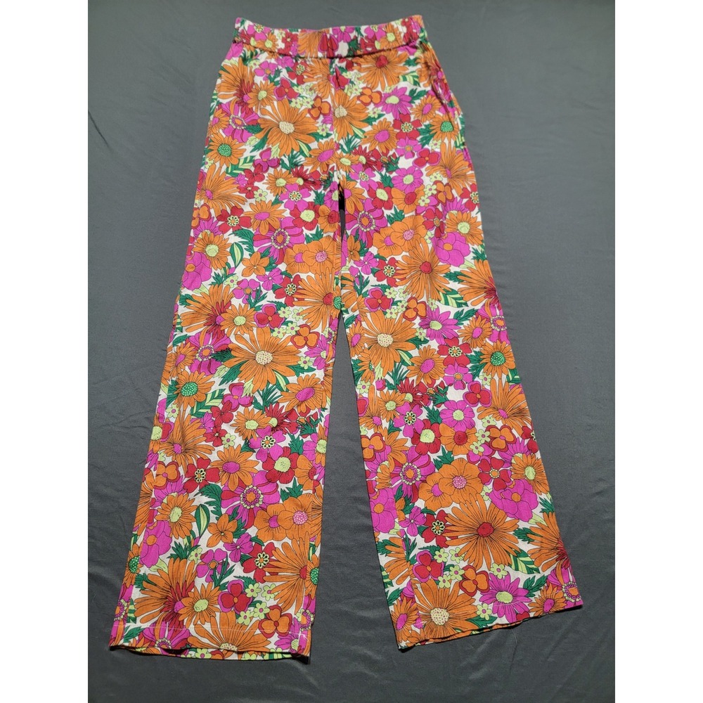 Peaches & Oranges Floral Wide Leg Pants Orange Pink 70s Style XS
